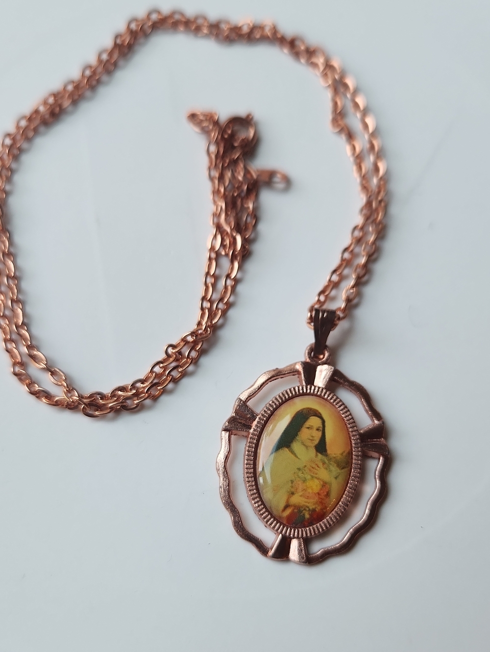 Rose Gold Religious Pendant Necklace with Oval Saint Image